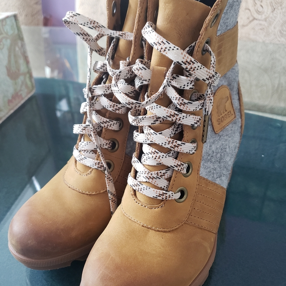 Sorel Tan and Gray Wedge Lace-Up Ankle Boots - Picture 7 of 12